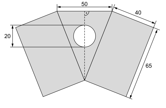 Geometrische Zeichnung mit Maßangaben und Kreis in einer polygonalen Form.